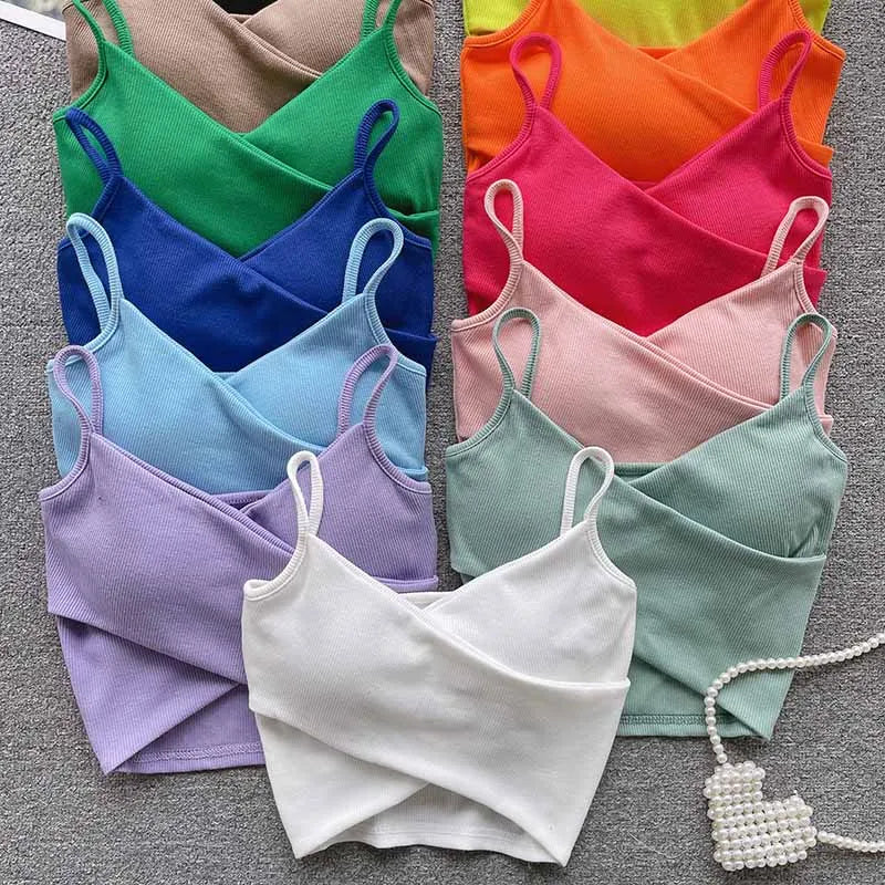 V Neck Spaghetti Strap Camisole Cross Wrap Front Cutout Hem Ribbed Slim Cropped Tank Top