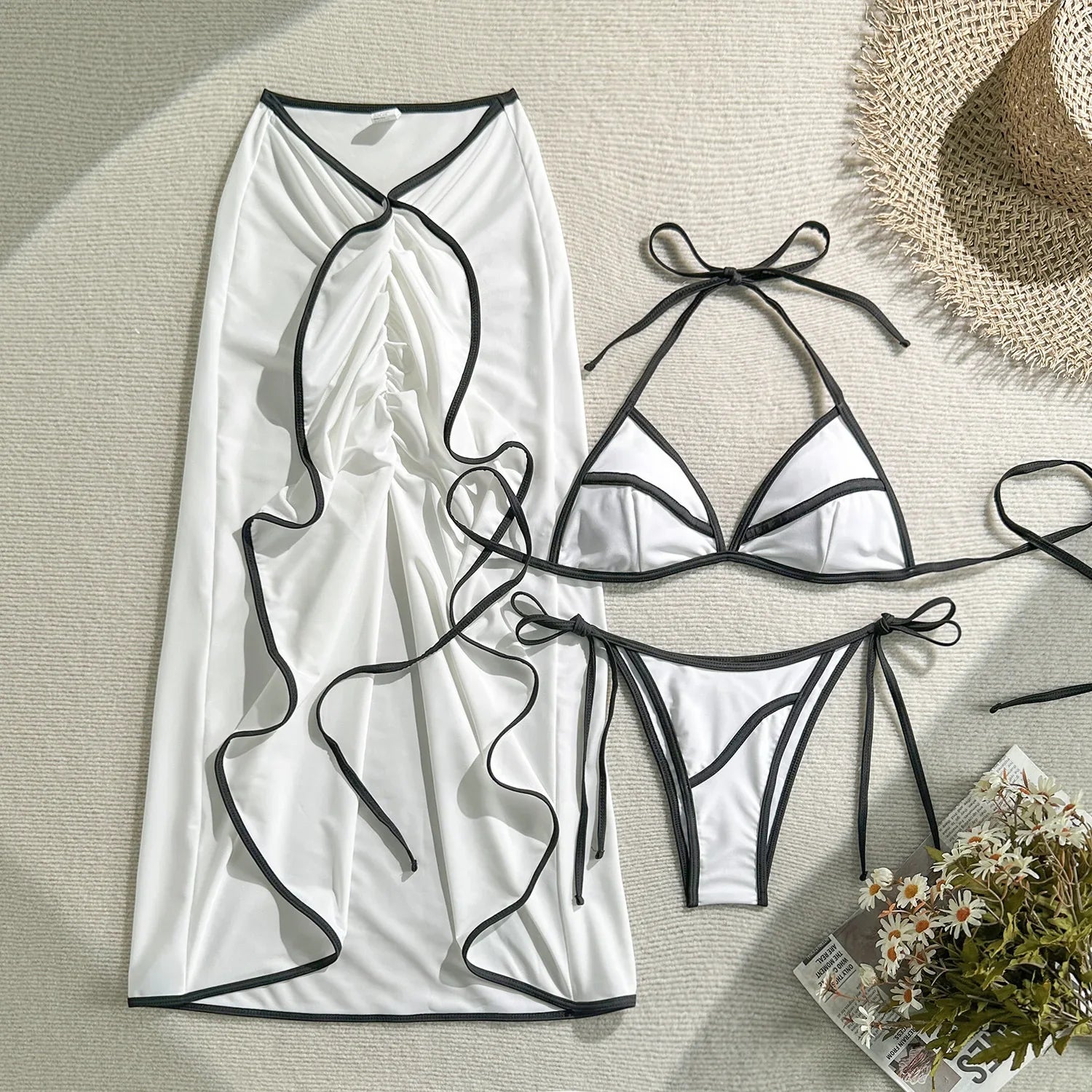 Vintage White Long Skirt 3 Piece Bikini Set
