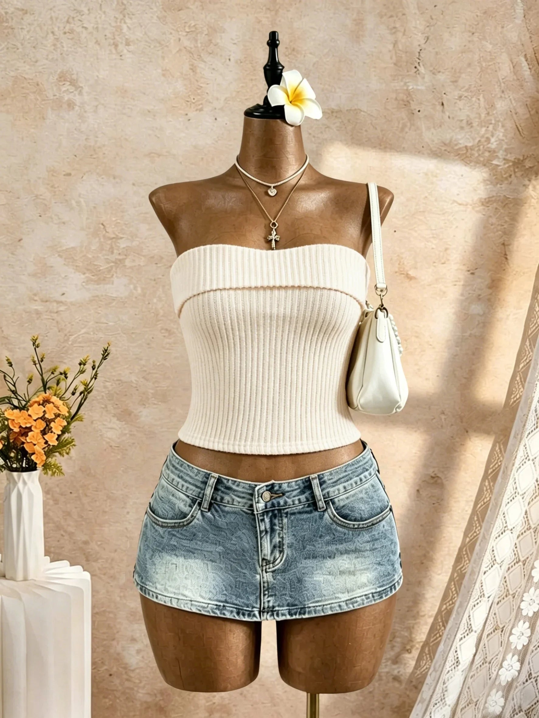 Black Ribbed Knit Strapless Bandeau Top