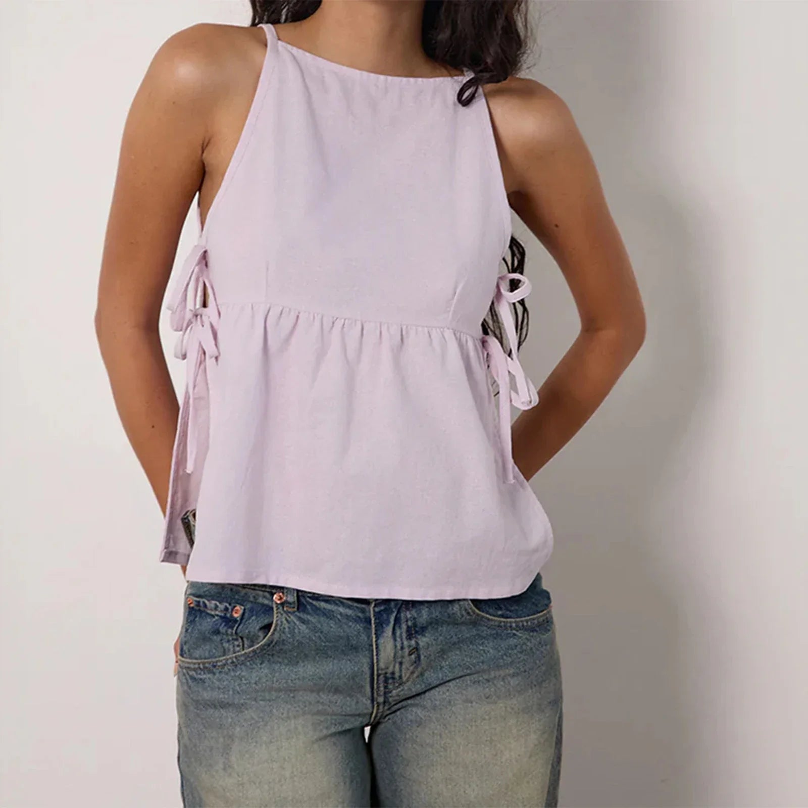 Cut Out Side Tie Up Vest Casual Loose Sleeveless Crop Top