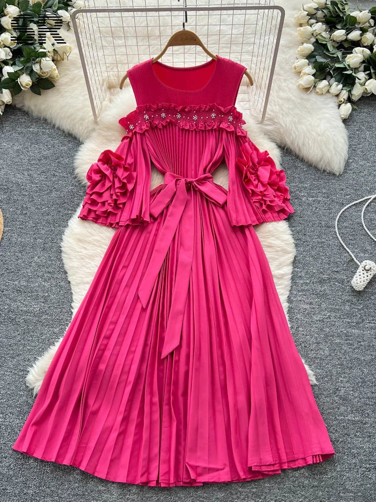 Elegant Beading Pleated Gown Female Bow Collar Flare Sleeves Hollow Out High Quality Autumn 3D Floral Maxi Party Dress