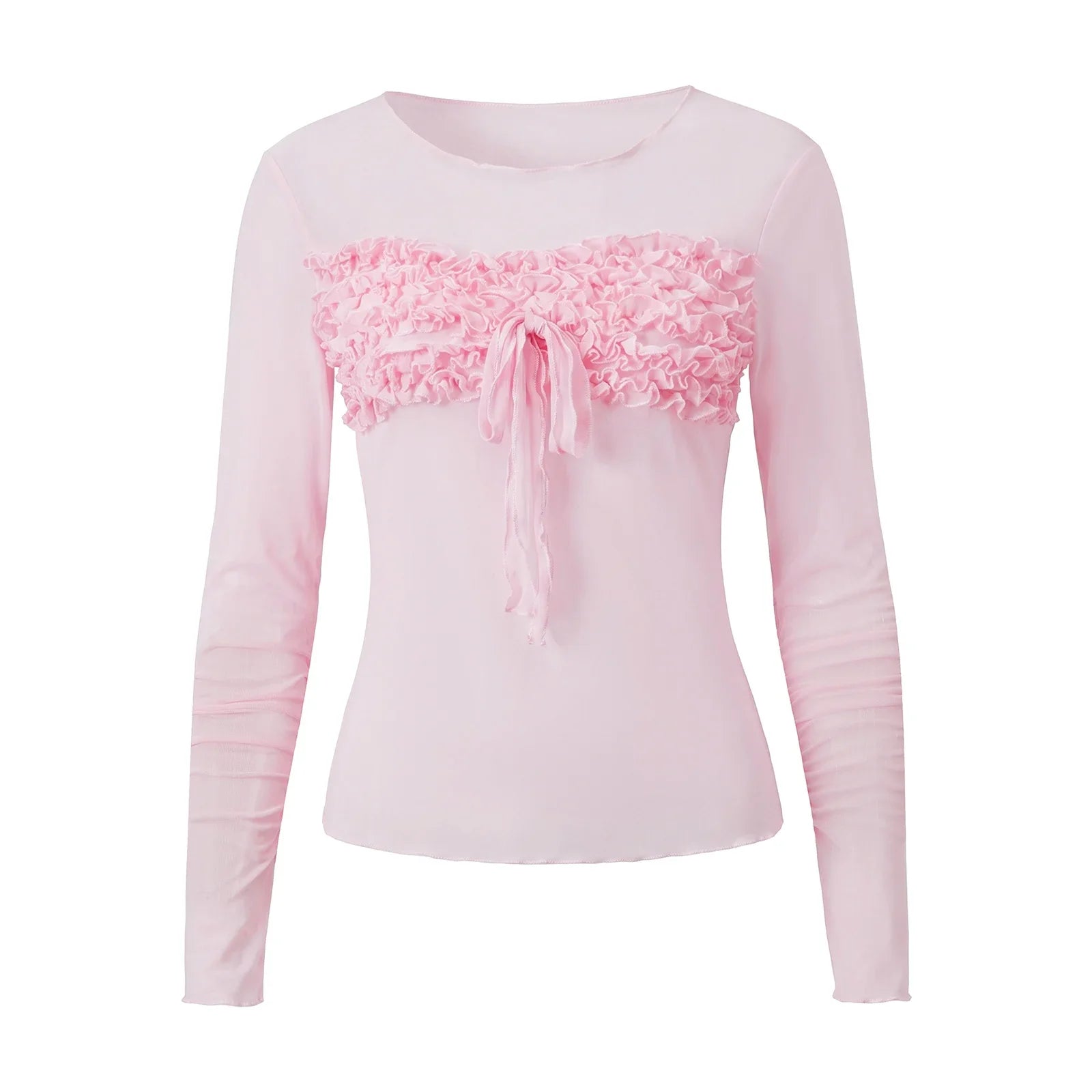 Crew Neck Long Sleeve Tie-up Front Ruffled Crop Tops