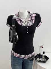 Lapel Fake Two Piece Short Sleeve Tee Slim Cropped Ruched Button Top