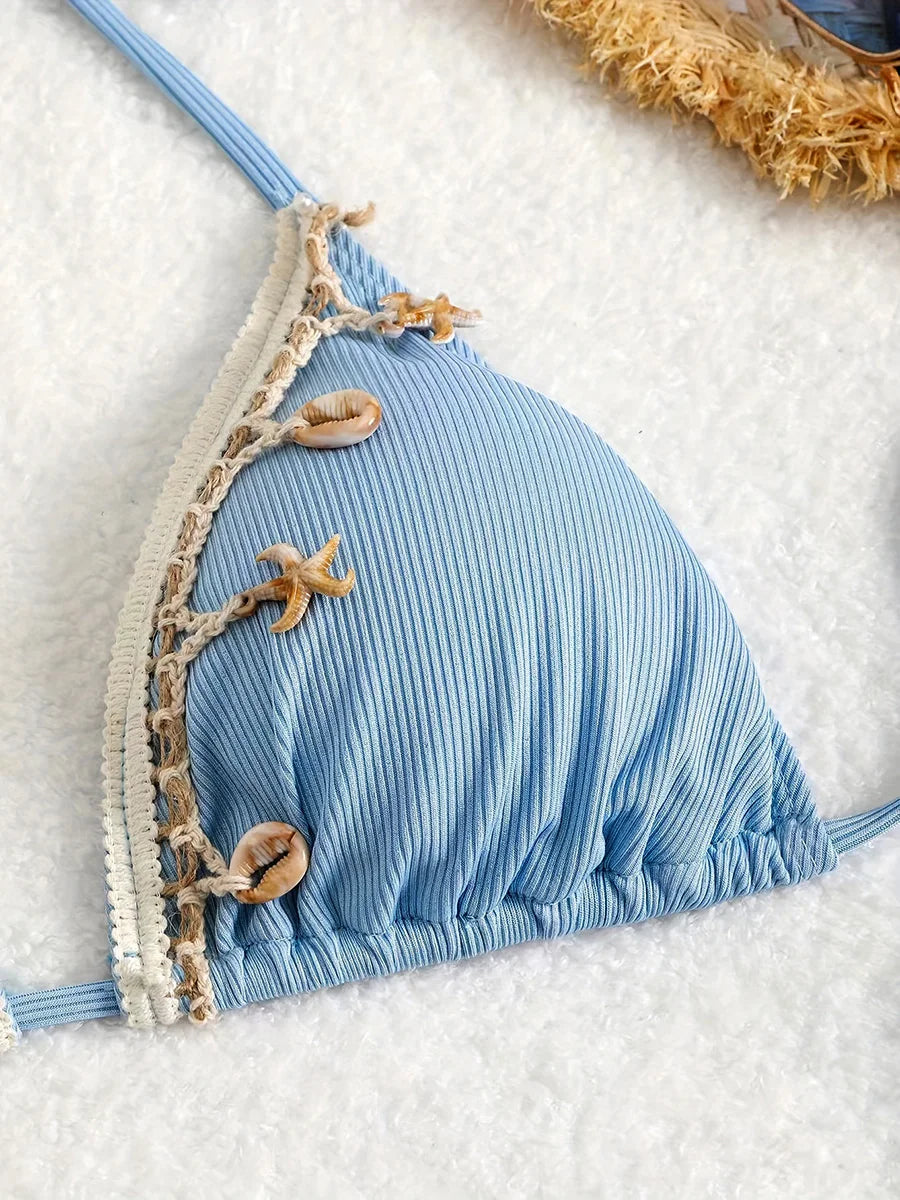 Shell Decoration Ribbed Halter Strappy Bikini