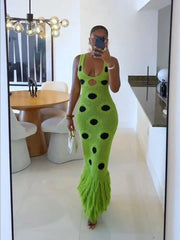 Green Hollow Knitted Tassel Dress