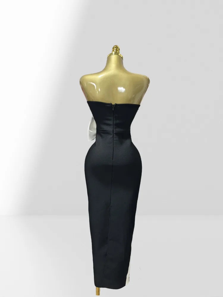 Black and White Strapless High Waist Bow Bodycon Bandage Dress