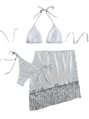 White Tassel Skirt 3 Piece Bikinis Sets