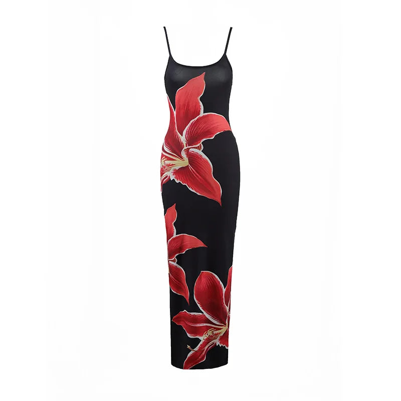 White Red Hibiscus Floral Print Spaghetti Strap Midi Dress