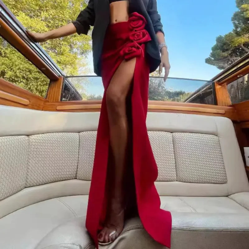 Red Big Flower Party Long Skirt Sexy Hollow Out Evening Dress