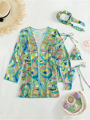 Vintage Green Leaves Print 3 Piece Bikini Set