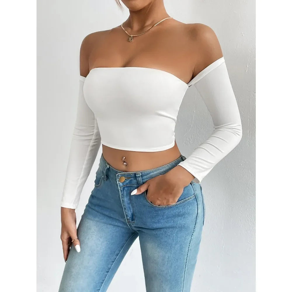 Women's Off Shoulder Long Sleeve Crop Top