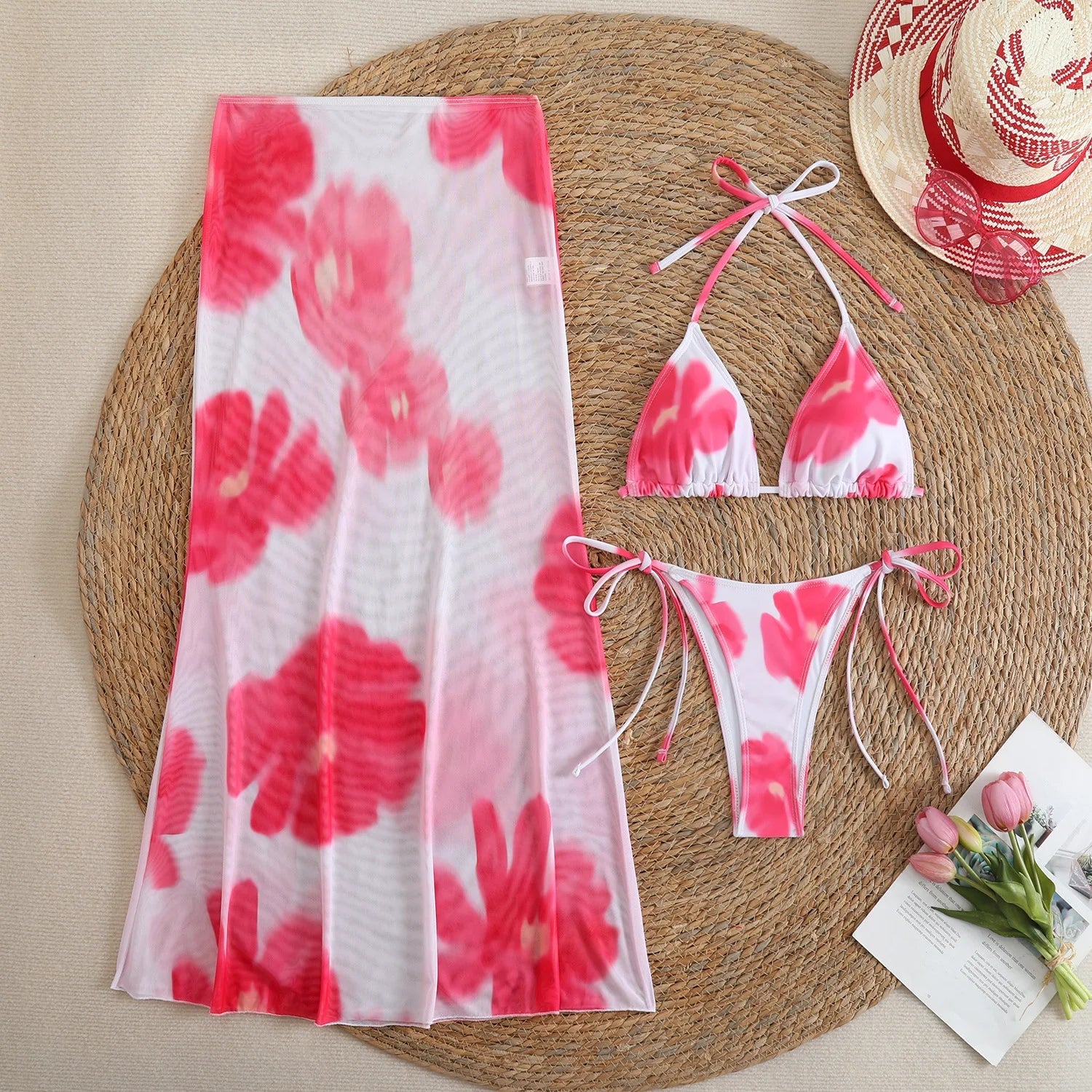 Sexy White Floral Print  Mesh Long Skirt 3 Piece Bikini