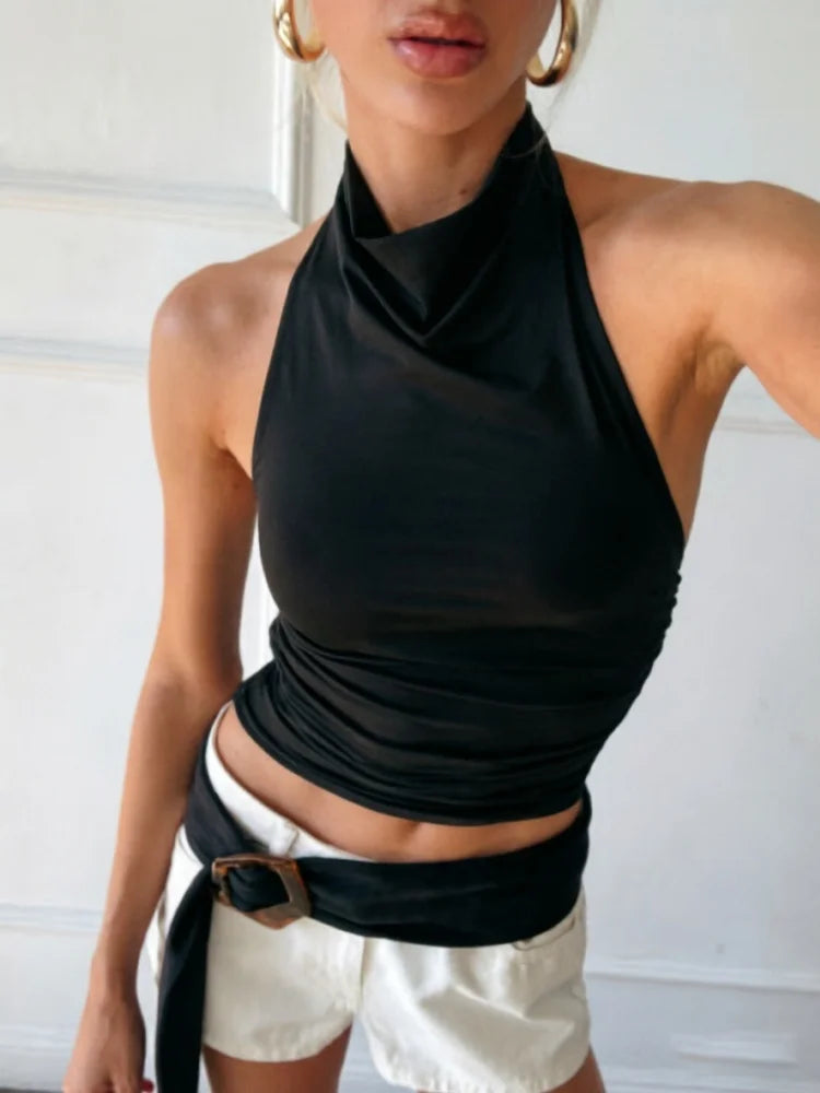 Halter Neck Draped Neck Fitted Pleated Crop Top