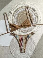 Vintage Crochet Coffee Striped Bikini Set