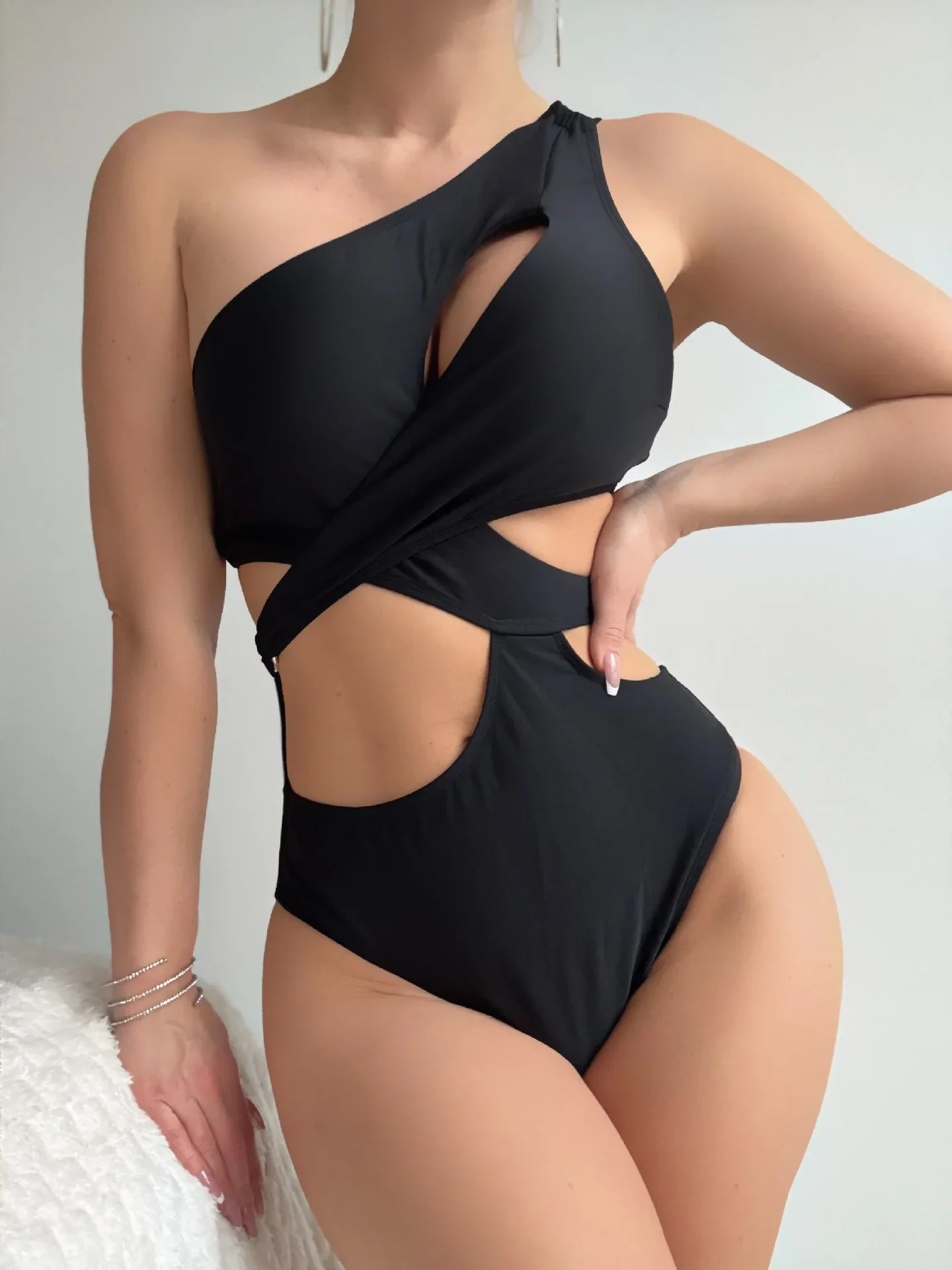 Sexy One Shoulder Swimwear Women Black Hollow Out Slimming Backless One Piece Swimsuit