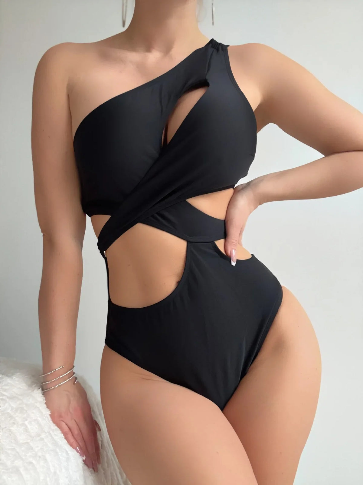 Sexy One Shoulder Swimwear Women Black Hollow Out Slimming Backless One Piece Swimsuit