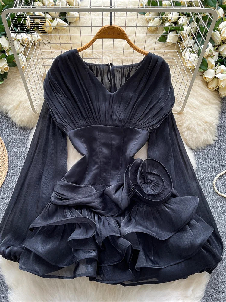 3D Floral Satin Corset Sheer Lantern Sleeve Ruched Stretch Waist Ladies Luxury Party Ruffles Splice Slim Short Dress
