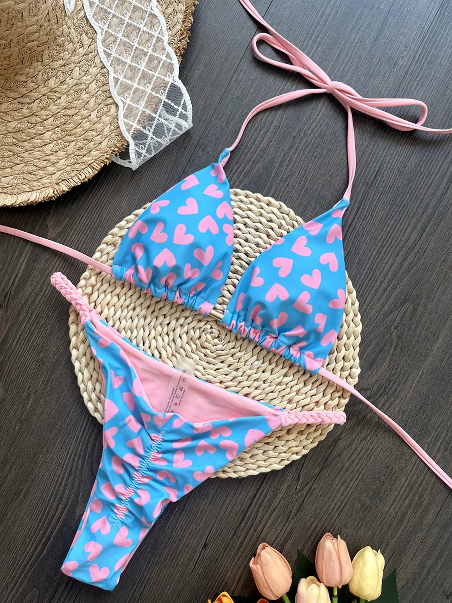 Leopard Halter Scrunch Butt Mini Micro Thong Bikini
