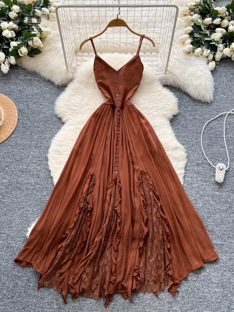 Retro Spaghetti Straps Long Dress