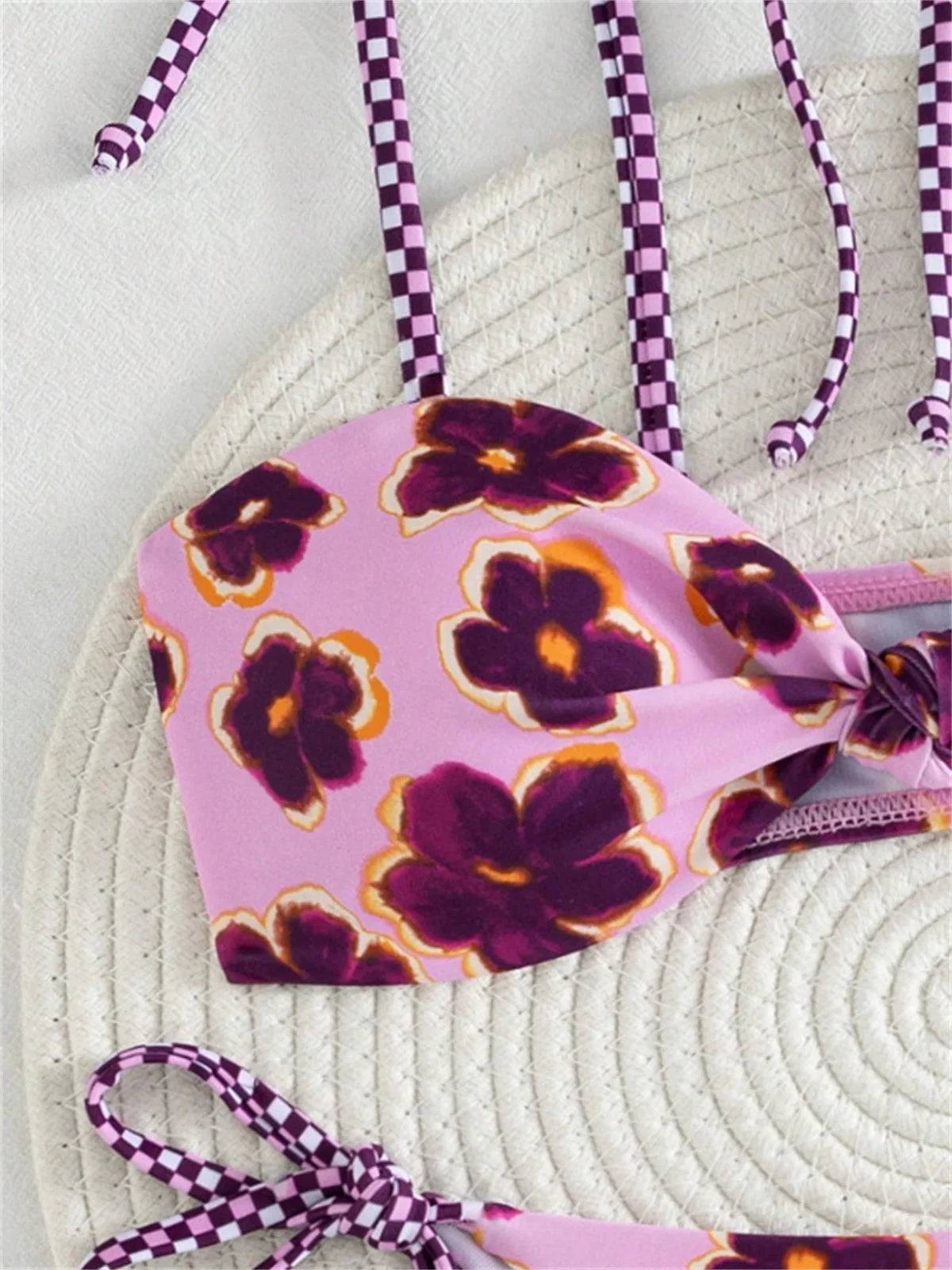 Cute Purple Flower Print Bikini Set