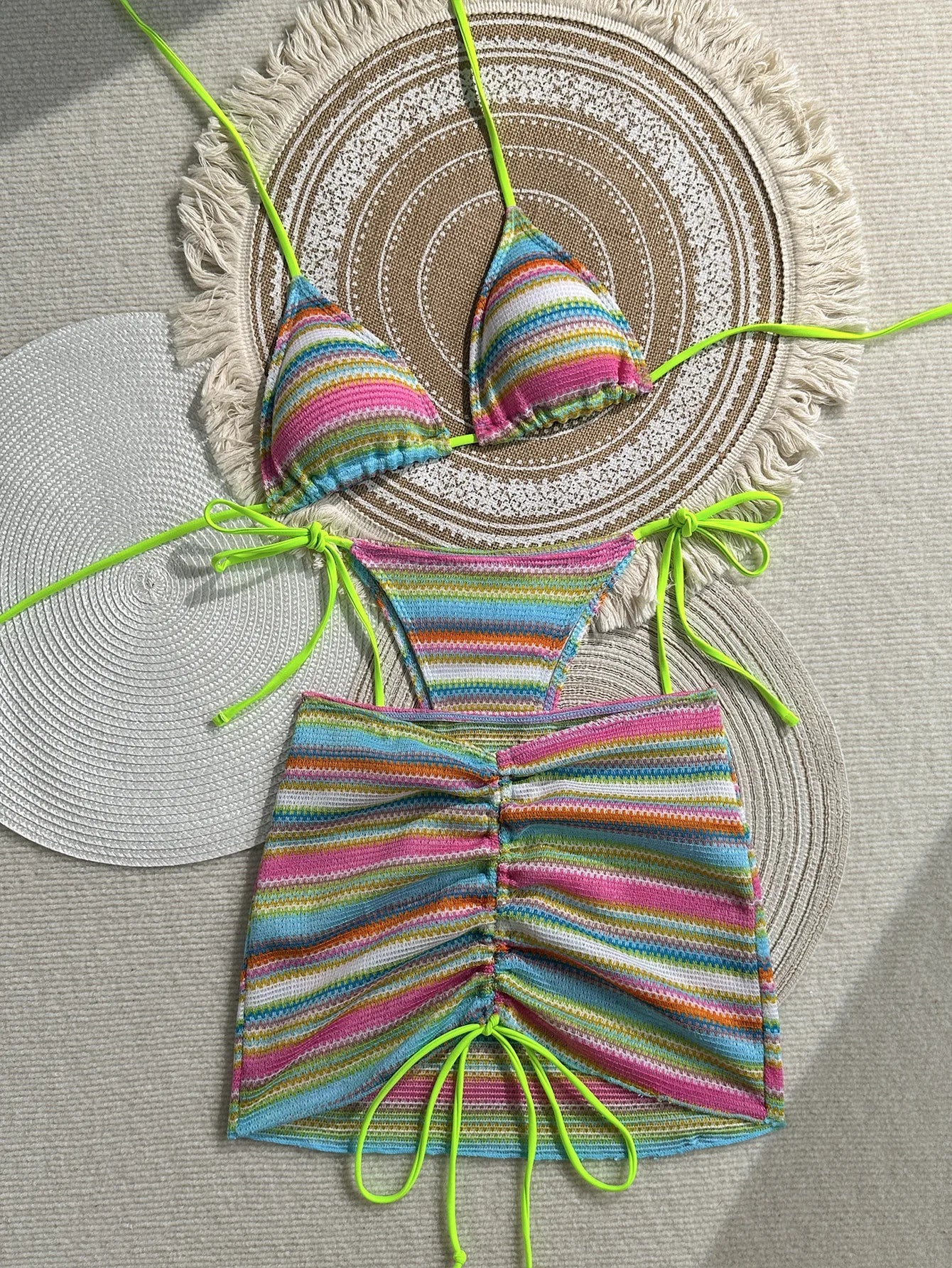 Vintage Green Striped Knitted Bikini Set