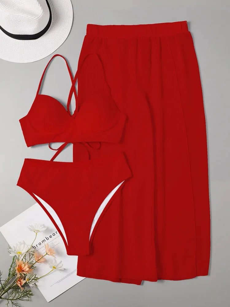 Vintage Red White Long Skirt 3 Piece Bikini Set