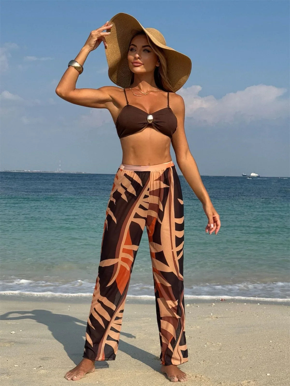 Sexy Coffee Pleate Buckle Bikini Set