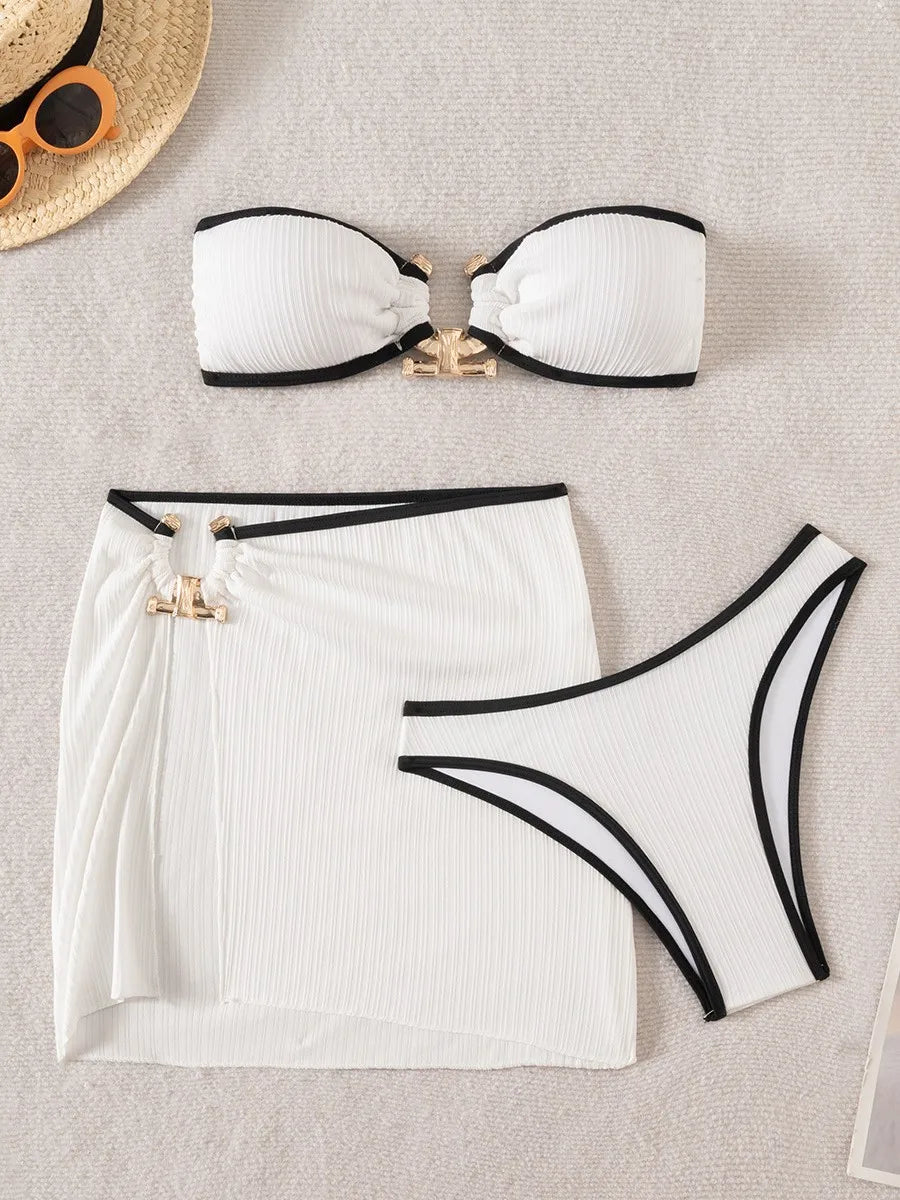 Whiet Patchwork Metal Circle Push Up Skirt 3 Piece Swimsuit