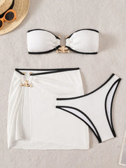 Whiet Patchwork Metal Circle Push Up Skirt 3 Piece Swimsuit