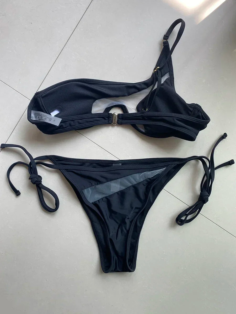 Splicing Mesh One Shoulder Underwire V-bar Bikini