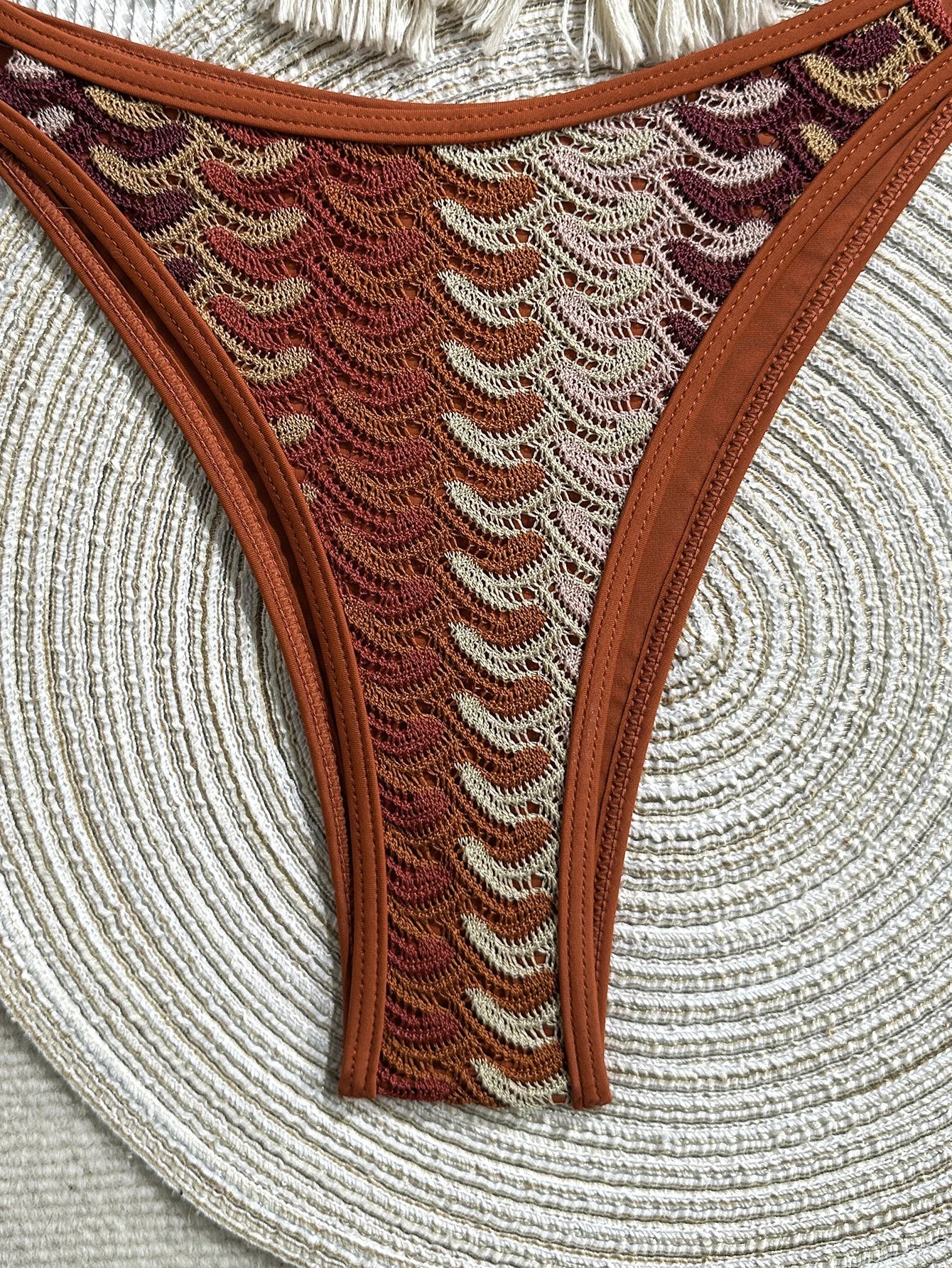 Vintage Crochet Coffee Striped Bikini Set