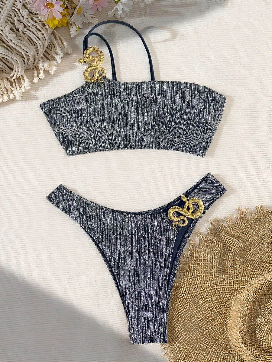S - XL Glitter Sparkling One Shoulder Bikini