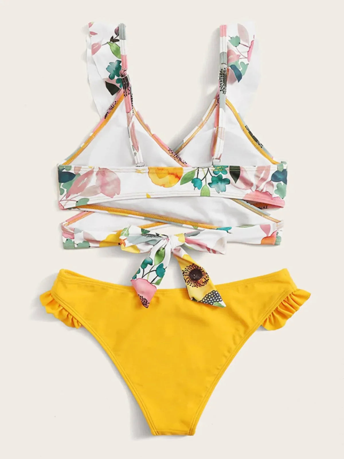 Yellow Flower Print Two Piece Swimsuit