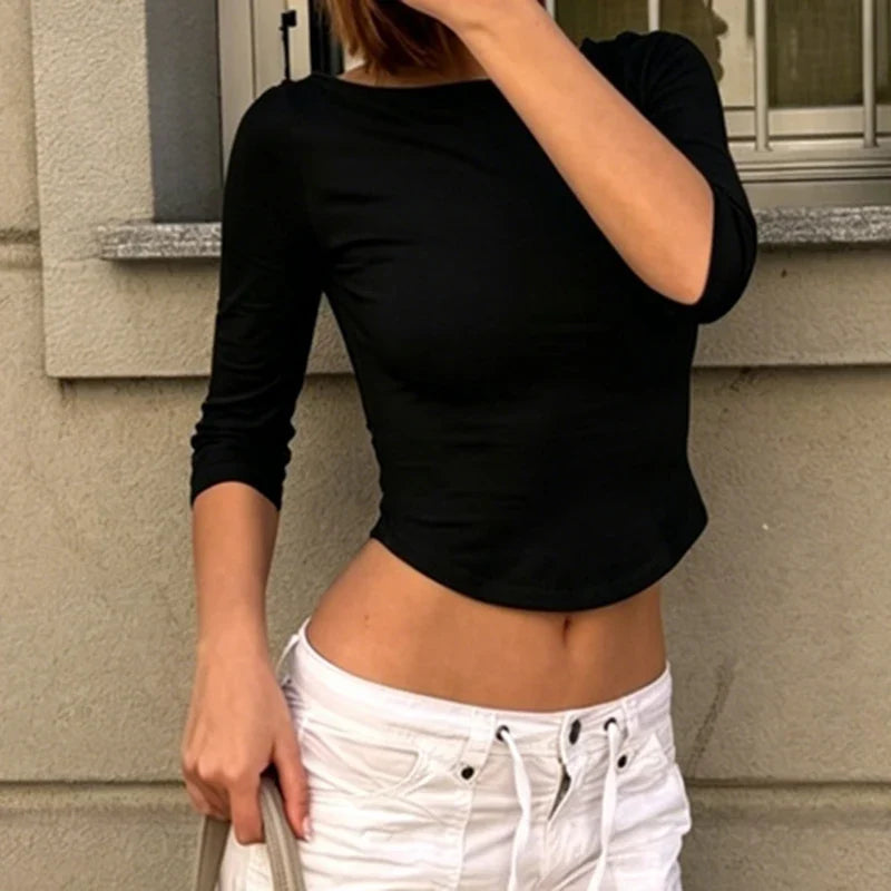 Boat Neck 3/4 Sleeve Curved Hem Crop Top