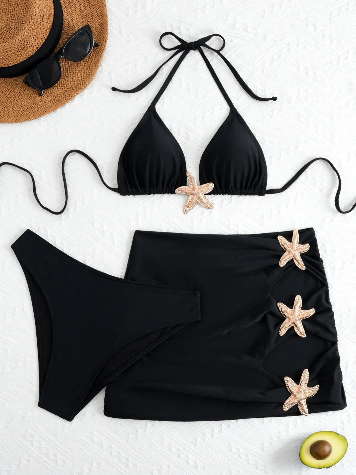 Vintage Mesh Starfish Skirt 3 Piece Bikini Set