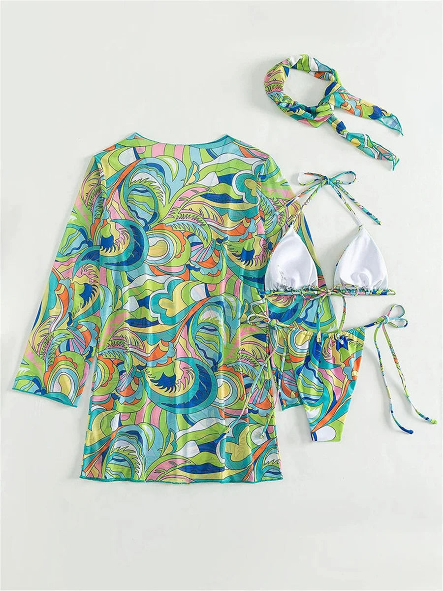 Vintage Green Leaves Print 3 Piece Bikini Set