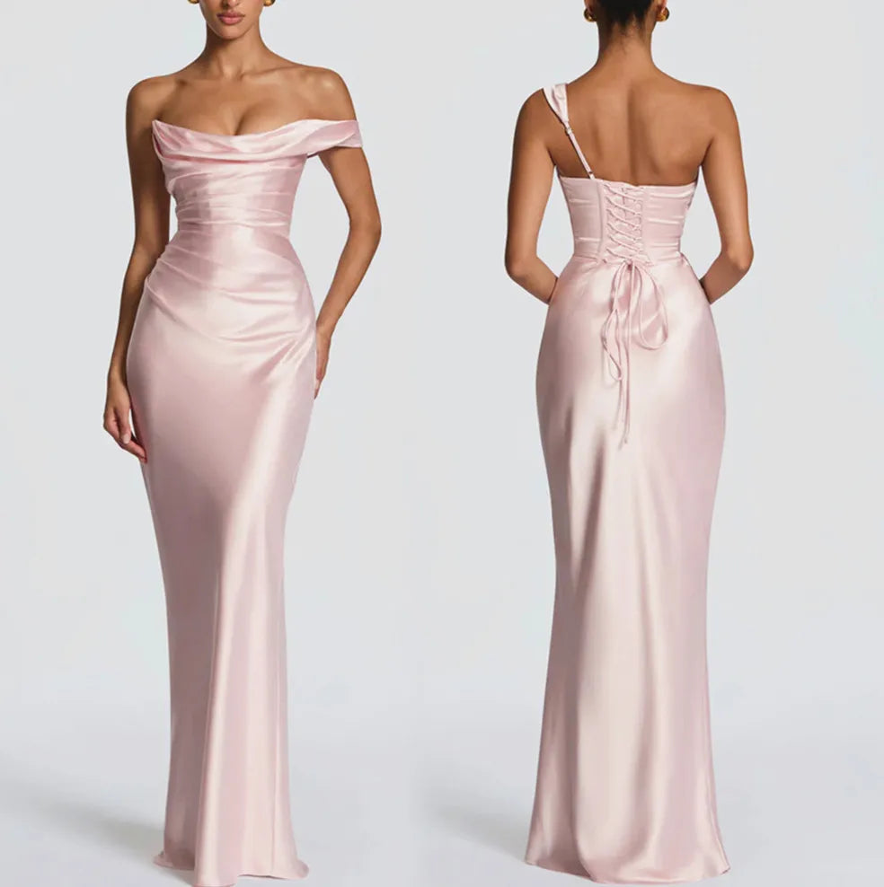 Sexy Light Blue Silky Satin One Shoulder Cowl Neck Draped Maxi Dress