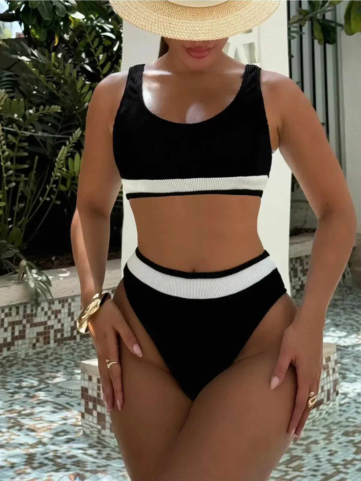 Women's Black White Patchwork Swimsuit