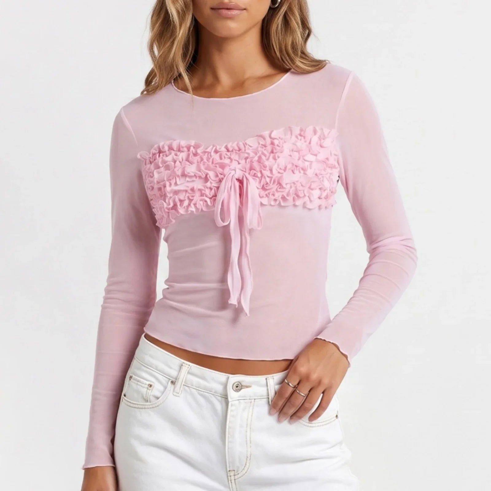 Crew Neck Long Sleeve Tie-up Front Ruffled Crop Tops