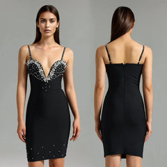 Sexy Spaghetti Strap V-neck Black Mini Bodycon Bandage Dress