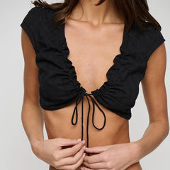 Vintage Ruched Drawstring Tie Front Crop Top