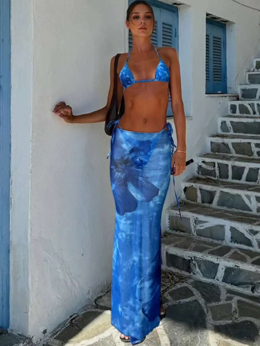 Vintage Blue Tie Dye Floral Print Bikini Set