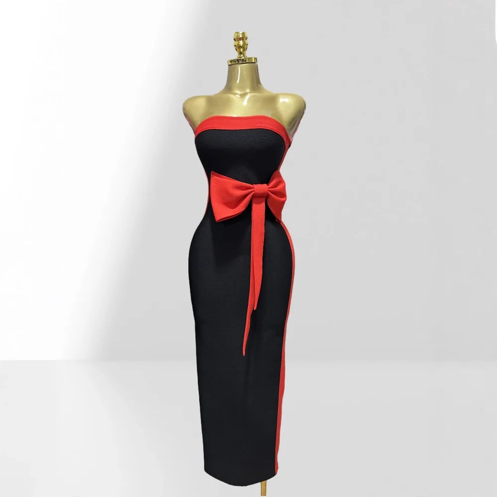 Black and White Strapless High Waist Bow Bodycon Bandage Dress