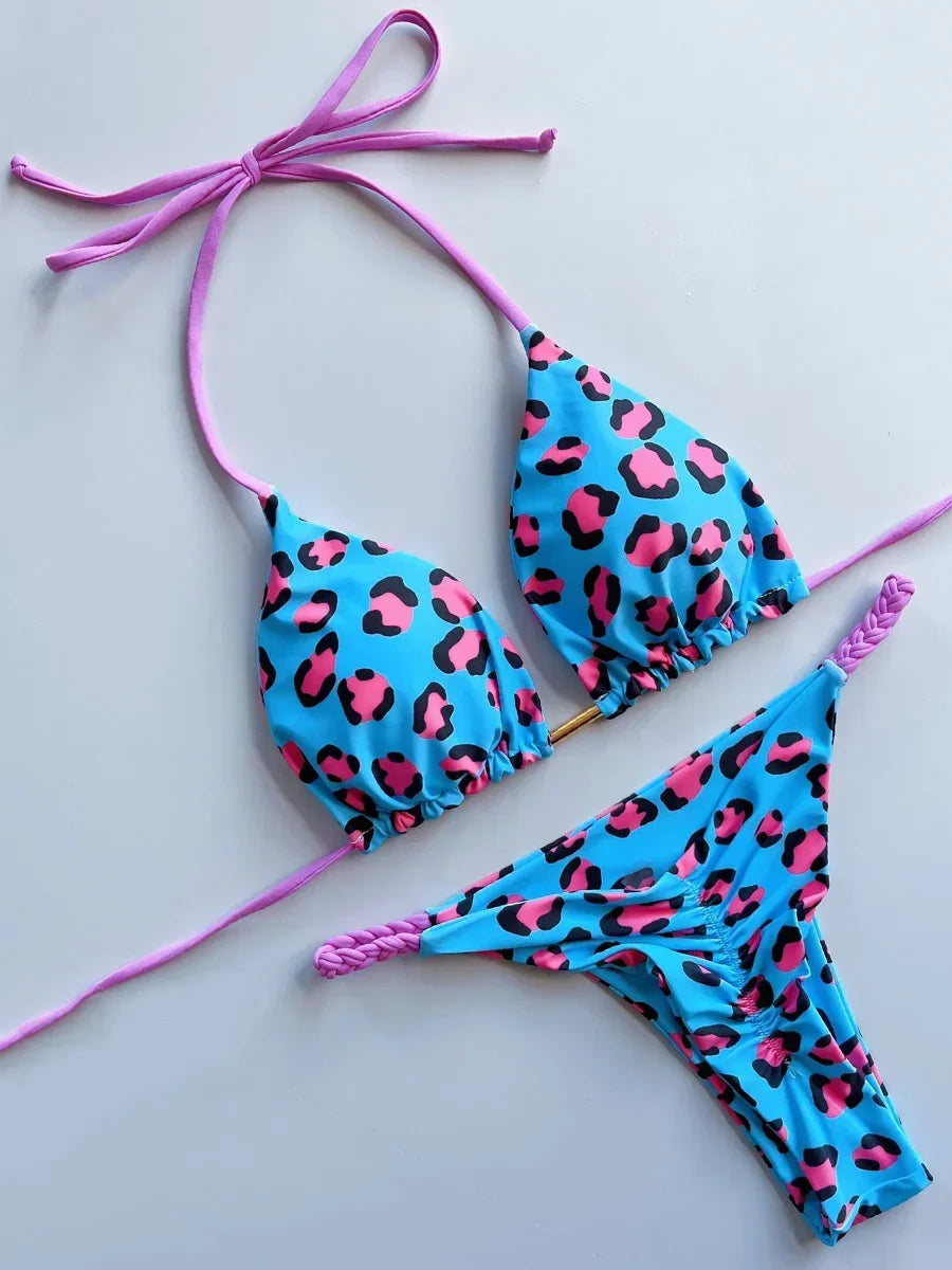 Leopard Halter Scrunch Butt Mini Micro Thong Bikini