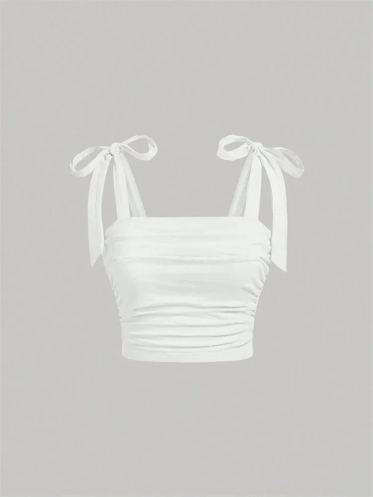 Solid Tie Shoulder Ruched Wide Strap Slim Fit Crop Top