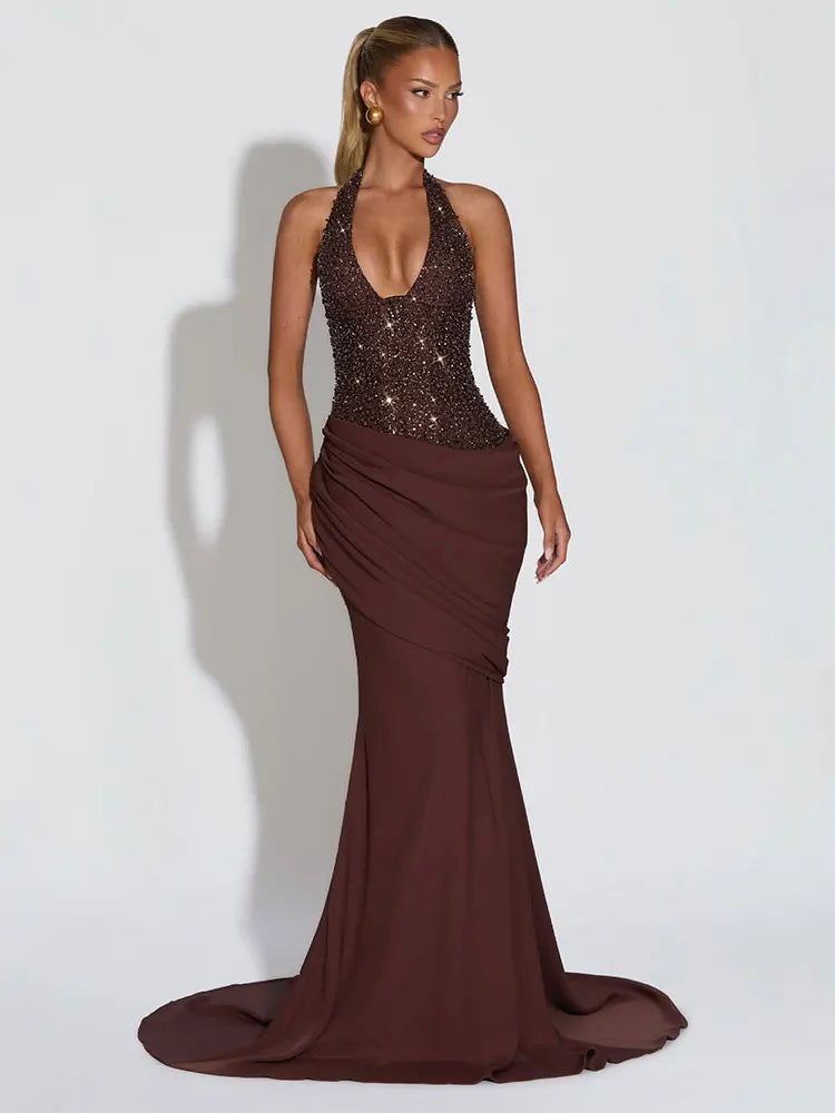 Sequins Halter Back Lace-up Sexy Maxi Dress