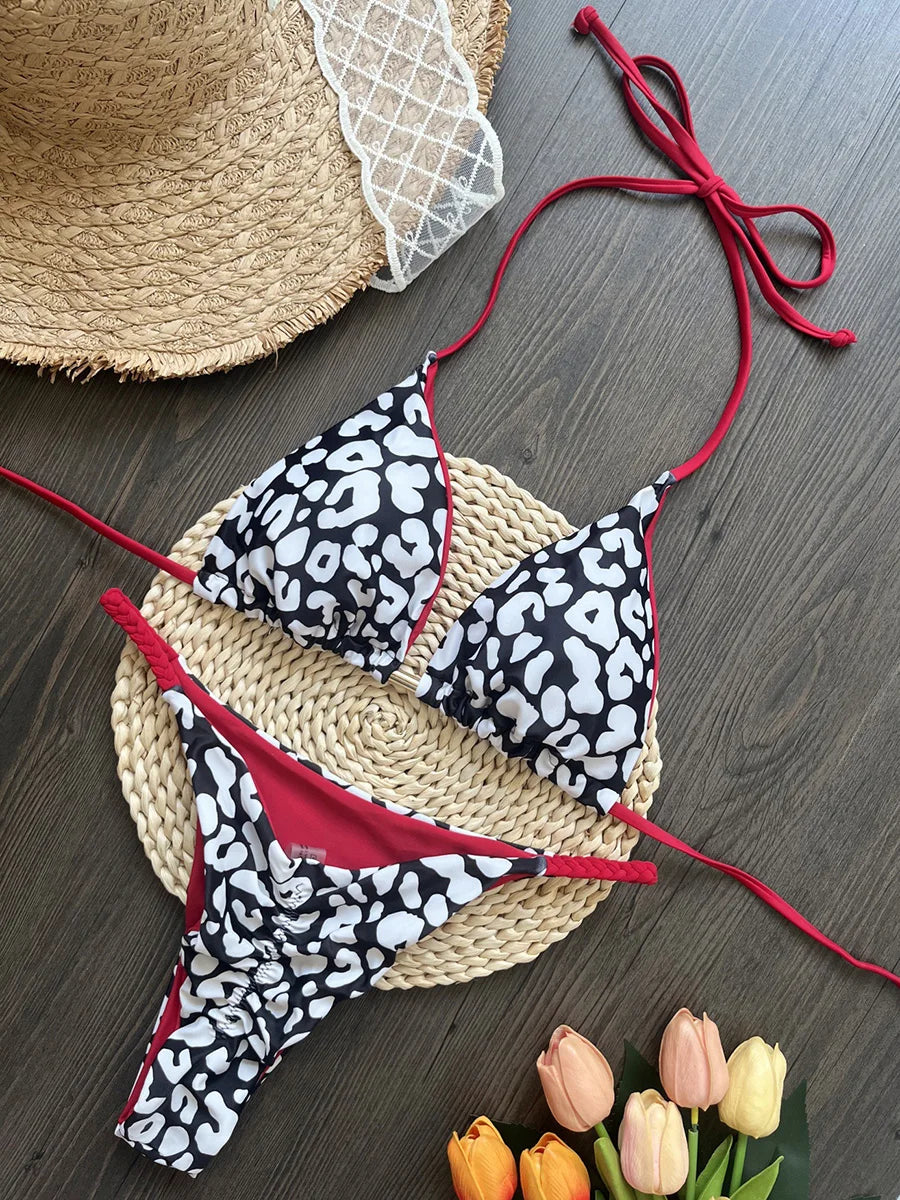 Leopard Halter Scrunch Butt Mini Micro Thong Bikini