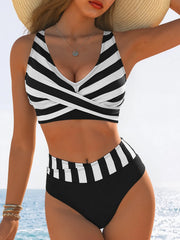 Vintage Black White Patchwork Striped Bikini Set