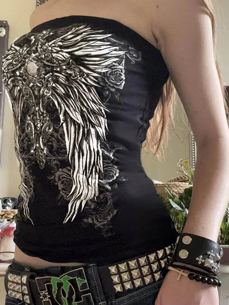 Gothic Print Black Tube Top