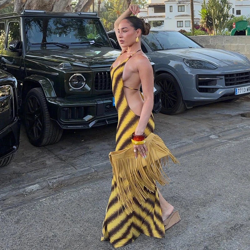 Yellow Brown Diagonal Stripe Ribbed Maxi Dress
